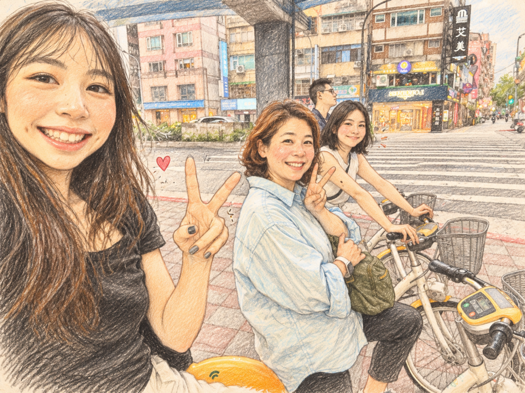 樂高媽媽與家人實際騎乘 YouBike 的生活照片，以素描風格呈現日常運動與健康生活